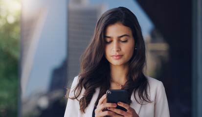 Woman, outdoor and phone for reading text with networking, communication and message notification. Female person, mobile and connection for digital map, location search and web app for taxi request