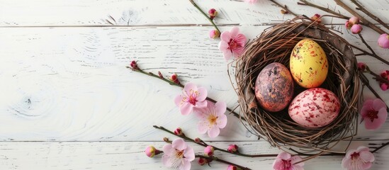 Fototapete - Colorful Easter eggs in a nest with a pink plum flower on a bright white wooden table provide a picturesque copy space image