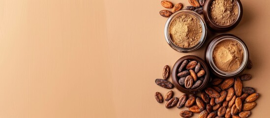 Poster - Cocoa beans powder and chocolate jars displayed on a bright background with room for a copy space image