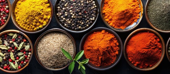 Canvas Print - Top view of an array of vibrant spices against a black backdrop with copy space image