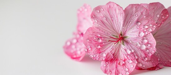 Aufkleber - Close up of dew covered pink geranium flower on white background with copy space image