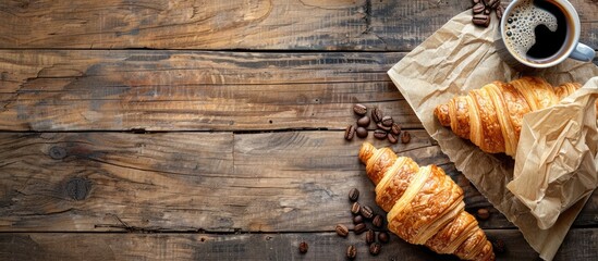 Poster - Croissant and coffee freshly served on a wooden backdrop with copy space image