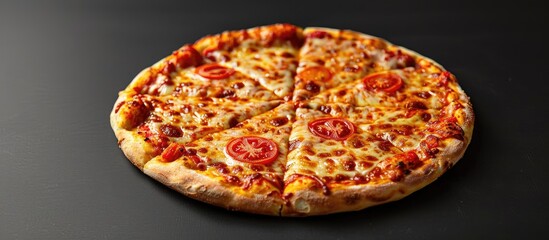 Wall Mural - Delicious double cheese and tomato pizza on a black background with copy space image