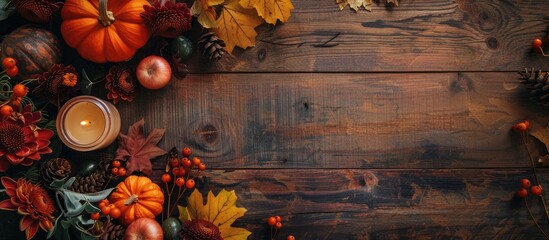 Fototapete - Celebrate Thanksgiving with a charming autumn themed composition including pumpkins flowers berries leaves a candle on a wooden table creating a rustic flat lay design for a seasonal greeting card wi