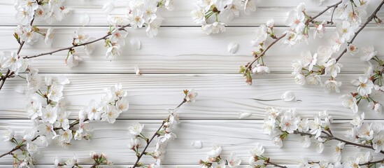 Leinwandbilder - Cherry blossoms on white wooden boards aerial view with copy space image for text