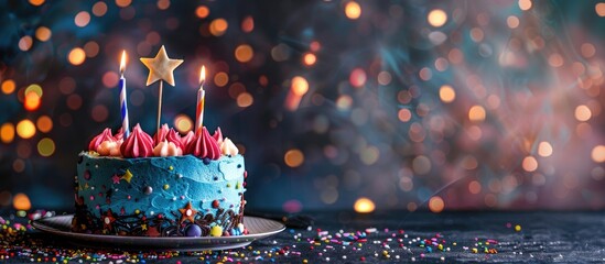 Aufkleber - Celebrating a birthday with a festive birthday cake depicting the concept of a happy birthday with copy space image