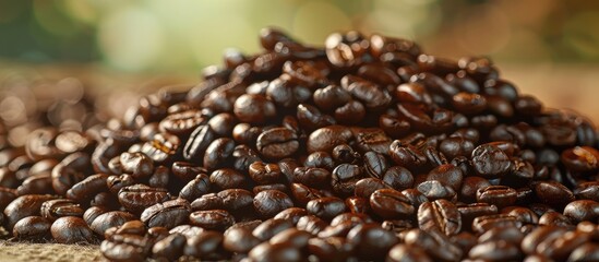 Aufkleber - Close up of a pile of sunlit brown coffee beans with copy space image