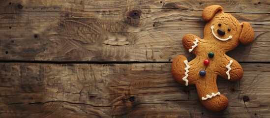Poster - Adorable gingerbread dog with copy space image on a wooden backdrop