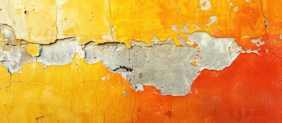 Poster - Aged rough concrete wall painted in vibrant orange and yellow hues with a weathered appearance and a colorful plaster design suitable for a copy space image