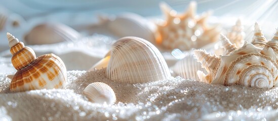 Leinwandbilder - Close up view of seashells on white sand as the focal point in a hotel spa area with empty space for additional content in the image