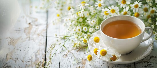 Canvas Print - Close up of chamomile herbal tea in a cup on a white wooden table with a chamomile bouquet showcasing a copy space image for the natural healer concept and promoting herbal immunity tea