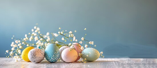 Fototapete - Colorful Easter eggs with gypsophila on a table creating a cheerful Easter themed image including copy space