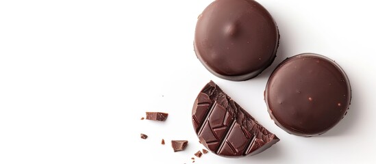 Poster - Big round chocolate candy split in two halves on a white background with a copy space image