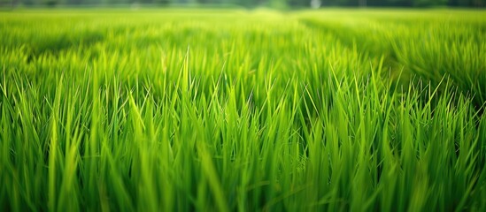 Poster - Capture a detailed view of a lush green paddy rice field as a backdrop in the copy space image