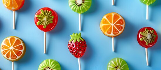 Poster - Colorful fruit shaped candy lollipops create an attractive display in a copy space image