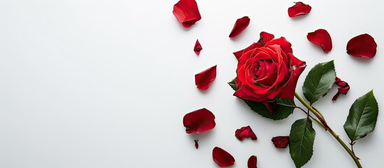 Poster - Beautiful red rose with leaves and petals on a white background providing copy space image for text Top view and flat lay arrangement