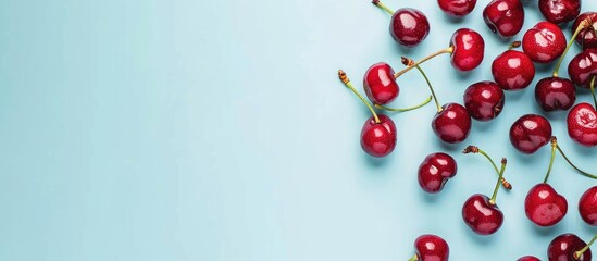 Wall Mural - Top view of a cherry frame on a light blue backdrop with space for adding text ideal for a copy space image