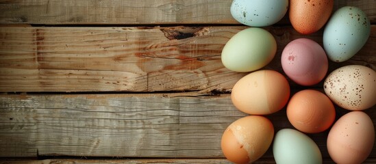 Canvas Print - Colorful vintage eggs displayed on a wooden table background suitable for copy space images