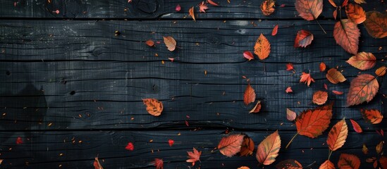 Aufkleber - Dark wooden background with autumn leaves Provides copy space image