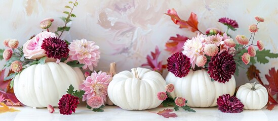 Aufkleber - Colorful chrysanthemums and peonies arranged with white pumpkins on a Thanksgiving themed white table offering a scenic copy space image