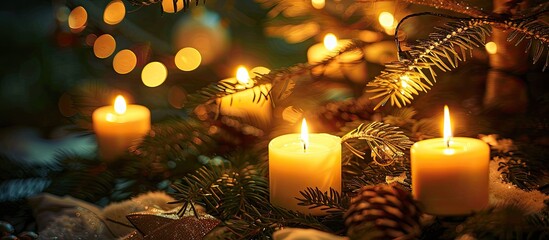 Leinwandbilder - Candles illuminated under the festive Christmas tree creating a cozy holiday ambiance with copy space image