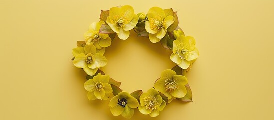Aufkleber - A circular wreath composed of yellow hellebore blooms on a yellow backdrop A top down view of a floral template with space for text or images. Creative banner. Copyspace image