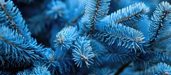 Poster - Close up of a fluffy fir tree branch with a classic blue hue ideal for a Christmas wallpaper with ample copy space for inserting text or images