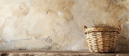 Wall Mural - Basket on wooden table against worn wall with blank space image. Creative banner. Copyspace image