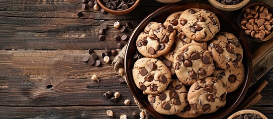 Aufkleber - Flat lay of a bowl filled with chocolate chip cookie dough and various ingredients on a wooden table with available copy space image