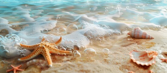 Fototapete - Beach setting with starfish seashells and a serene feeling evoking summer vacation Ideal for a copy space image