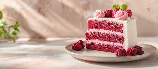 Aufkleber - Cake displayed on a plate over a beige backdrop with space for adding images. Creative banner. Copyspace image