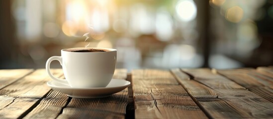 Aufkleber - A coffee cup placed on a wooden table is shown in a blurred copy space image
