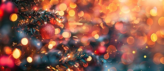 Poster - Christmas themed blurred bokeh background with warm orange red and pink tones in a horizontal layout featuring a festive ambiance suitable for a copy space image