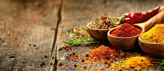 Poster - Colorful spices adorning a rustic wooden table with a scenic copy space image