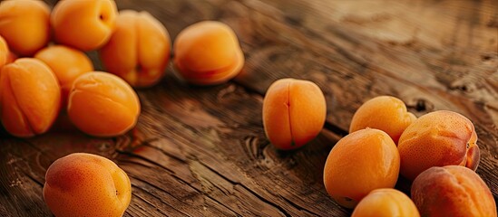 Poster - Close up of ripe apricots on a wooden table with copy space image