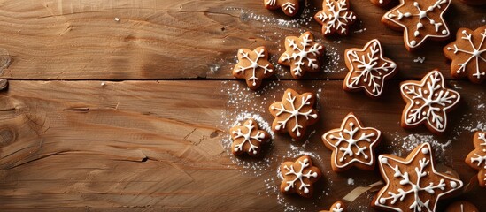 Fototapete - Christmas themed homemade gingerbread cookies on a wooden backdrop with a blank copy space image for text Featuring snowflake and star shaped treats Ideal for holiday greetings or cooking related desi