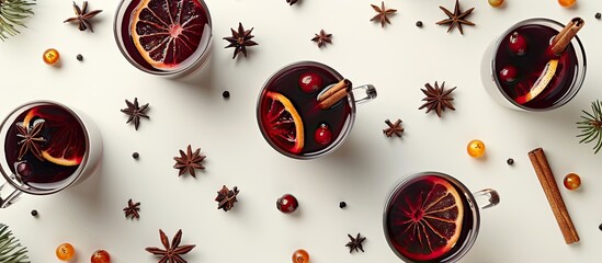 Sticker - Classic winter mulled wine cocktail served in glass mugs on a white background flat lay with ingredients suitable for a copy space image