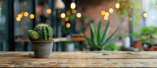 Poster - A cactus placed on a wooden table in a cafe with a copy space image displayed
