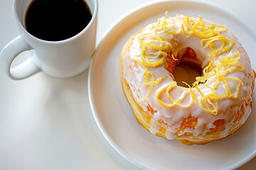 Coffee and lemon-glazed croissant donut on white plate