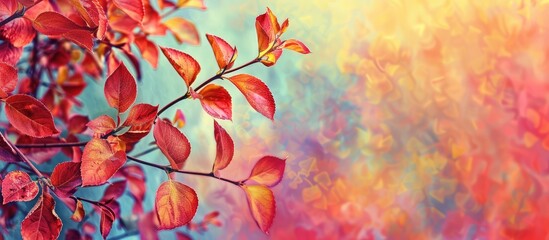 Fototapete - Autumn themed colors with red and yellow leaves against a colorful backdrop perfect for a copy space image