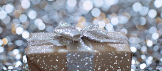 Fototapete - Close up of a gift wrapped box on a sparkling silver background with ample copy space image available