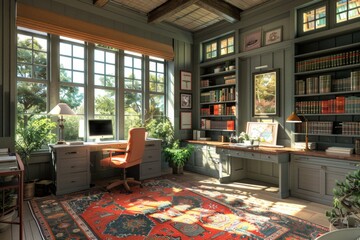 Wall Mural - Sunlit Home Office with Large Windows and Built-in Bookshelves