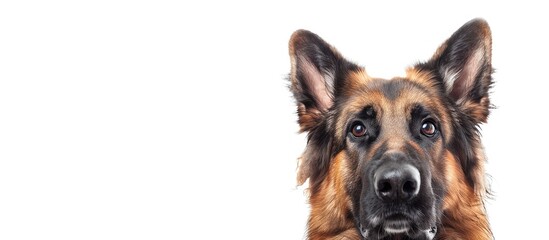 Wall Mural - Close up image of a single young German Shepherd dog with a white background perfect for copy space