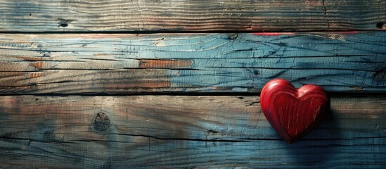 Poster - Flat lay composition featuring a red heart on a wooden background with ample copy space for images