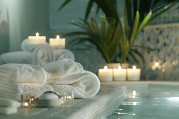 tranquil spa sanctuary pristine white towels cascade beside aromatherapy candles and natural elements soft lighting bathes the scene evoking a sense of luxurious relaxation and wellness