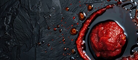 Wall Mural - Black background texture with tomato sauce creates an alluring copy space image