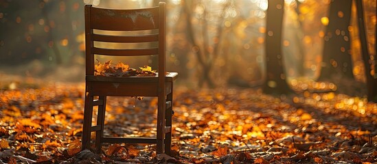 Wall Mural - autumn sunlight illuminates a wooden chair in a serene setting with a potentially stunning copy spac