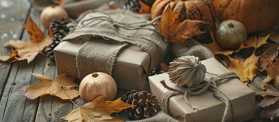 Canvas Print - Cozy autumn setting with Thanksgiving gifts wrapped in rustic craft paper adorned with natural elements and fallen leaves featuring a copy space image