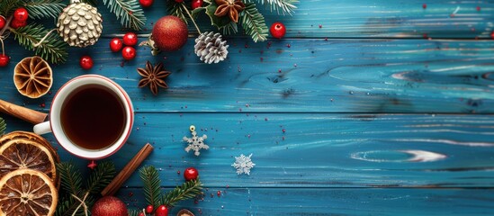 Leinwandbilder - A blue wooden table displaying Christmas items with available copy space for a festive background image