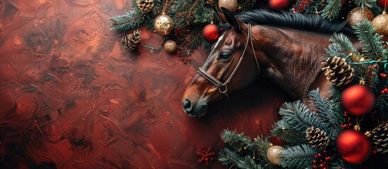 Poster - Top view of a Christmas composition with a horse spruce branches tinsel cones and lights featuring flat lay style and offering copy space image